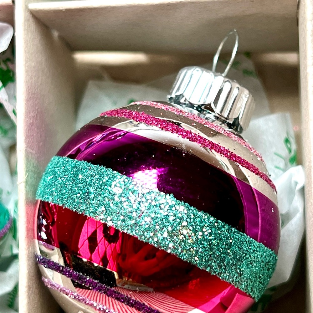 12 Radko Spools Bells Beehives Balls Glass Ornaments Pink Teal Purple Glitter - Picture 9 of 13